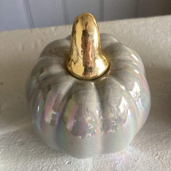 SOLD NWT Set of 2- Gray Iridescent Ceramic Pumpkins w/ Gold Stems Decorations - Picture 13 of 16